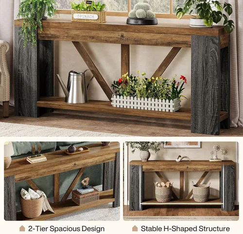 Vista 5 de Tribesigns Mesa de entrada extra larga de 70.9 pulgadas, mesa consola de madera de granja con almacenamiento, mesa de sofá moderna detrás del sofá