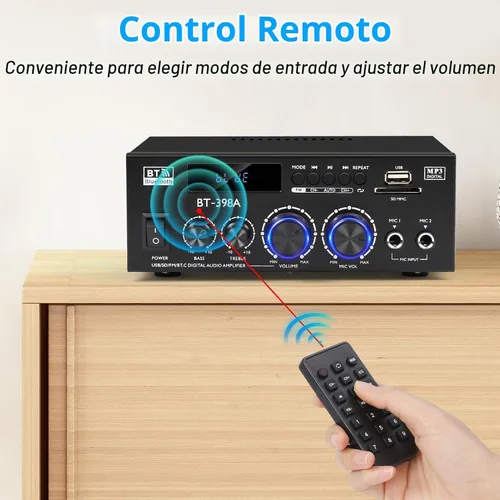 Vista 6 de Romica Amplificador de audio estéreo, 2 canales 450W+450W Bluetooth 5.0 amplificador de potencia de cine en casa con radio FM, USB, SD, entradas