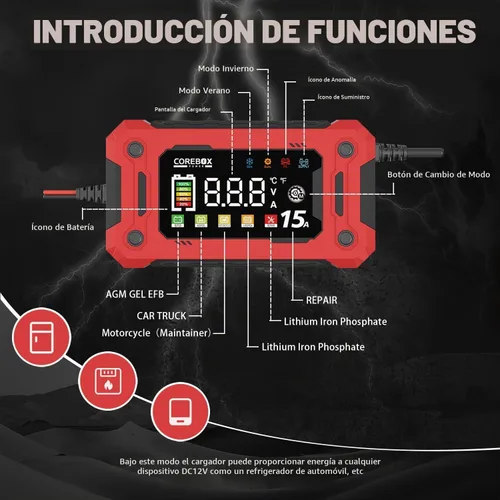 Vista 4 de COREBOX Cargador de batería de 15 amperios y 12 V, cargador automático inteligente de batería, desulfatador de mantenimiento de batería