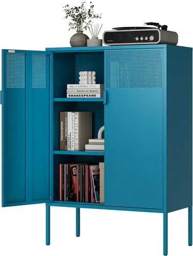 Vista 99 de Gabinete de almacenamiento de metal ancho negro, gabinete de acento de 2 puertas para el hogar y la oficina, gabinete de metal bajo de 2 niveles
