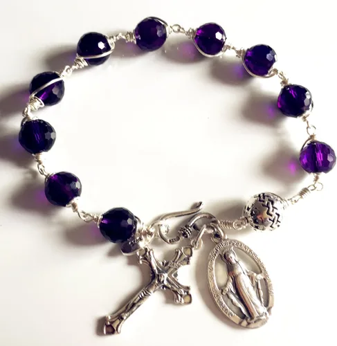 Vista 4 de Eleganantmedical Hecho a mano natural 10MM amatista cristal Bali cuentas de plata de ley Cruz rosario católico pulsera regalo caja