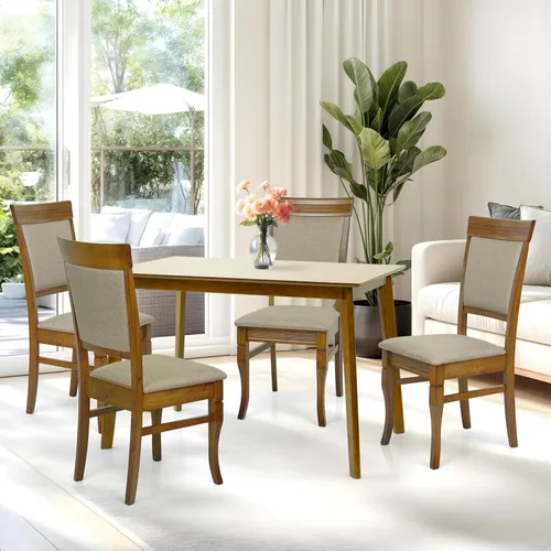 Vista 10 de Juego de mesa de comedor de madera de 5 piezas, 4 sillas tapizadas Ronda de madera maciza de estilo clásico con mesa de comedor rectangular, juego