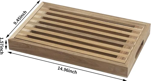 Vista 7 de Tabla de cortar pan de madera con bandeja colectora de migas, bandeja para servir 2 en 1 Tabla de pan extraíble con asas para rebanar panes