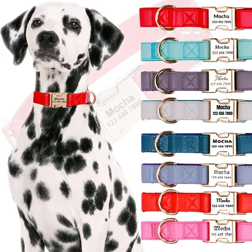 Vista 7 de Custom Large Dog Collar Solid Color Personalized Pet Collar Leather & Nylon Puppy Dogs ID Collars Engraved Name for Small Medium Large Dog
