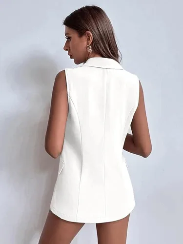 Vista 2 de Chaleco casual de doble botonadura para mujer, sin mangas, con parte delantera abierta, con bolsillos