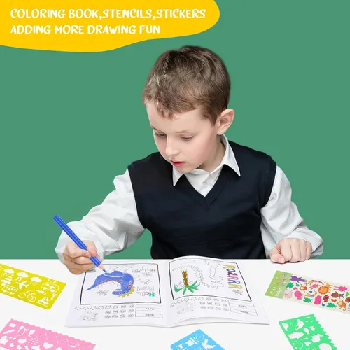 Vista 4 de homicozy Suministros de arte para niños de 4 a 12 años, estuche de arte con juegos de dibujo de dinosaurios, kits de colorear con caballete triple