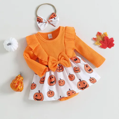 Vista 5 de Vestido de Halloween para recién nacido, con volantes, manga larga, lazo, estampado de calabaza, falda, dobladillo, diadema
