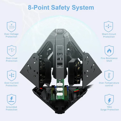 Vista 7 de NVEESHOX - Regleta de alimentación con protector de sobretensiones en torre, 9 salidas de CA con 4 puertos USB (1 USB C), enchufes triangulares de 3