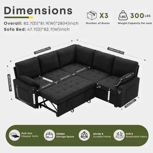 Vista 3 de Huatean Home Sofá extraíble de 82 pulgadas con almacenamiento, sofá cama, sofás modulares en forma de L de 5 asientos para sala de estar, felpilla