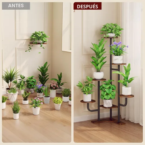 Vista 8 de Homsorout Soporte de esquina para plantas con luz de crecimiento, soporte para plantas de 6 niveles, estante redondo de metal para plantas con luz