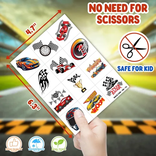 Vista 6 de 72 piezas de recuerdos de fiesta de autos de carreras para niños, suministros de fiesta temática de automóviles con 48 tatuajes temporales