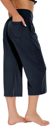 Vista 3 de Pantalones capri para mujer, para yoga, descanso, pierna ancha, holgados, cruzados, cintura alta, pantalones capri de verano