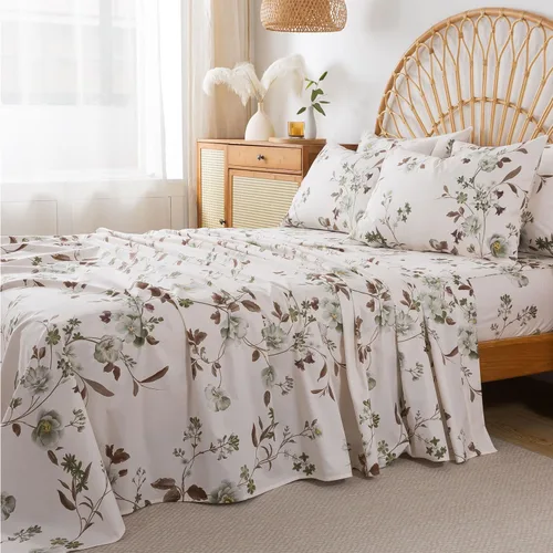 Vista 31 de FADFAY Juego de sábanas tamaño King, sábanas de algodón percal rosa floral con bolsillo profundo, ropa de cama vintage lujosa azul con estampado