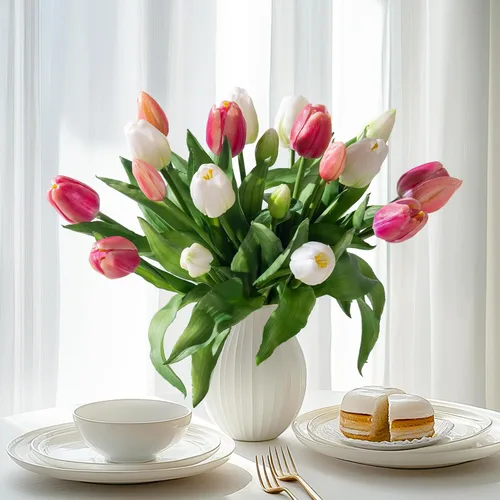 Vista 18 de Bailikang 20 piezas de tulipanes artificiales, flores de seda de tulipanes falsos, ramo artificial de PU, flores artificiales de imitación con caja