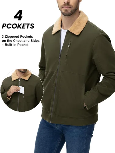 Vista 4 de TBMPOY Chaqueta de invierno para hombre, forro polar de sherpa grueso, de algodón, con cremallera completa, bolsillos con cremallera