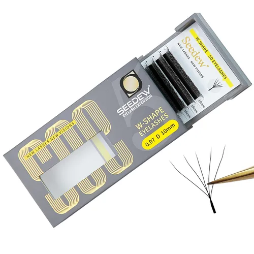 Vista 64 de Extensiones de pestañas 3D, rizo LU/M de 0.003 in, MIX8-0.591 in, 12 filas por bandeja, tallo plano en forma de W, injerto de pestañas natural PBT
