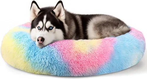 Vista 30 de Hoewina - Cama redonda, calmante, en forma de rosquilla, lavable, esponjosa para interiores, perros y gatos pequeños y medianos, negro, 20 pulgadas