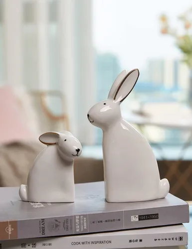 Vista 4 de SEINHIJO Estatua de conejo, escultura de conejo, decoración moderna, regalo de animales para el hogar, Pascua, oficina, cerámica, 5.9 pulgadas