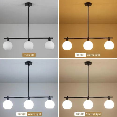 Vista 5 de Iluminación de isla de cocina, 3 luces, lámparas colgantes lineales con pantallas de vidrio de leche, candelabros negros de granja para comedor