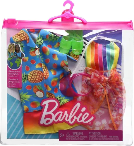 Vista 2 de Barbie & Ken Fashions Paquete de 2 - Conjunto de ropa y accesorios, 1 traje de baño, pareo y visera para muñeca Barbie y 1 camisa tropical, traje