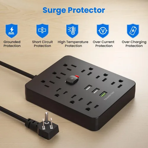 Vista 5 de Regleta protectora contra sobretensiones con 9 tomacorrientes, 3 puertos USB, estación de carga de escritorio ignífuga con enchufe plano