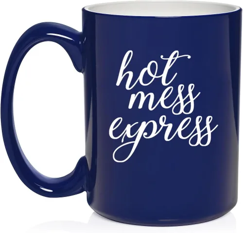 Vista 23 de Daylor Hot Mess Express - Taza de café de cerámica divertida para ella, él, amigo, compañero de trabajo, esposa, esposo (11 onzas, azul)