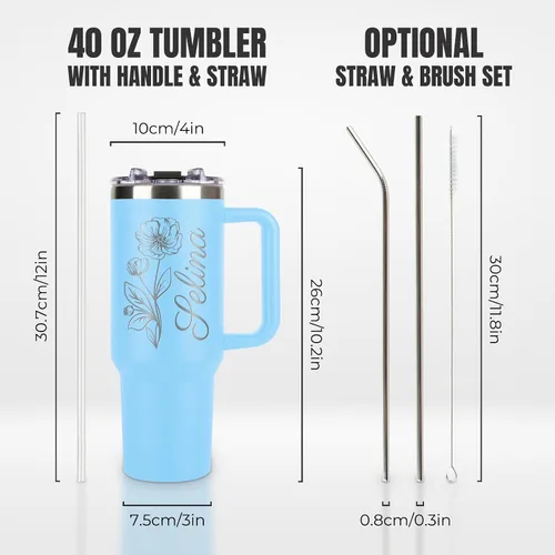 Vista 4 de Vaso personalizado de 40 onzas con asa y tapa con pajilla, botella de agua de acero inoxidable personalizada con nombres y flores de nacimiento