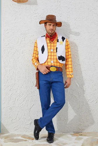 Vista 4 de LILLIWEEN Woody - Disfraz de vaquero para adultos, disfraz de sheriff para Halloween, disfraz de uniforme de Halloween