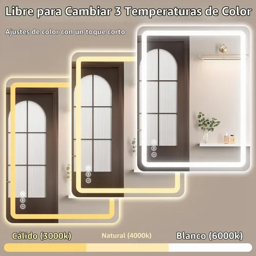 Vista 6 de Espejo de baño LED de 20 pulgadas de largo x 28 pulgadas de ancho con luces, antiniebla e iluminación tricolor, espejo de afeitado montado
