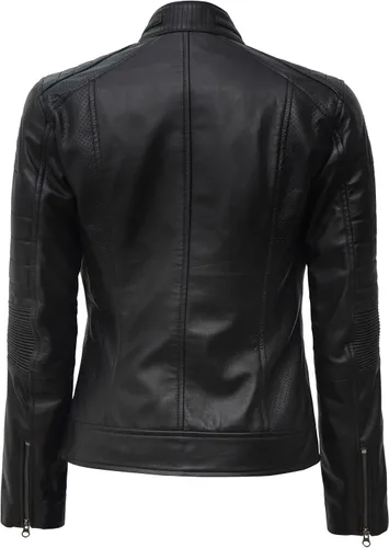 Vista 3 de Decrum Chaquetas de cuero de piel de cordero real Cafe Racer para mujer Negro