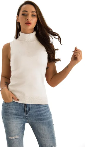 Vista 2 de Spicy Sandia Suéter ajustado sin mangas de punto de cuello alto elástico para mujer