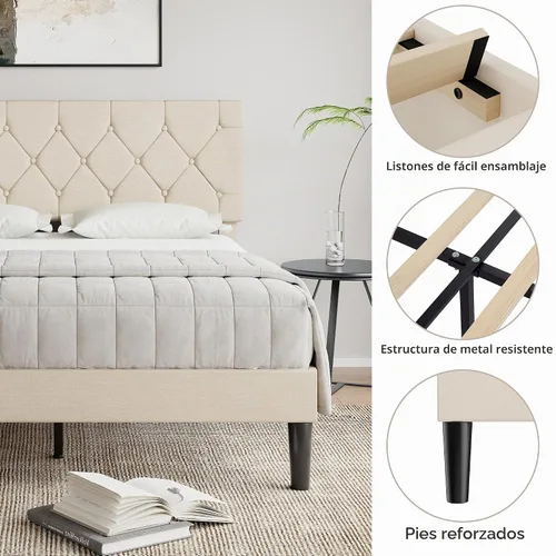 Vista 4 de VECELO Base de cama tamaño completo con cabecera capitoné con botones, plataforma tapizada con soporte de listones de madera, no necesita somier