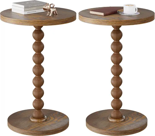 Vista 11 de Mesa auxiliar redonda, mesa de bebidas para espacios pequeños, mesita de noche moderna con patas de madera de goma para sala de estar, dormitorio
