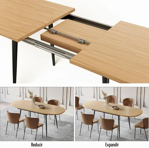 Vista 5 de Mesa de comedor extensible de 75 x 32 pulgadas, mesa ovalada de madera con patas de metal, ahorro de espacio, extensible de 59 a 75 pulgadas