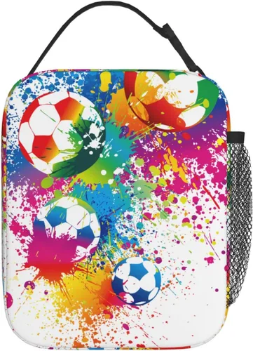 Vista 3 de Bolsa de almuerzo colorida con pelota de fútbol para niños y niñas, lonchera reutilizable de fútbol con aislamiento, bolsa de almuerzo portátil