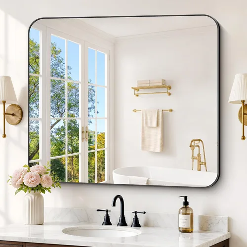 Vista 37 de FORBATH - Espejo de baño negro para sobre lavabo, espejo de pared de 16x24 pulgadas con marco de metal, esquinas redondeadas para baño, dormitorio