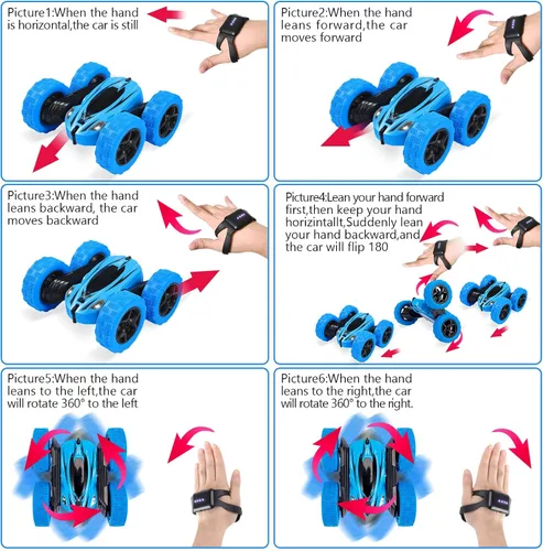 Vista 5 de Coche de control remoto RC Coche de acrobacias reloj Sensor de gestos Coche 4WD de doble cara rotación de 360 grados volcable recargable Coche