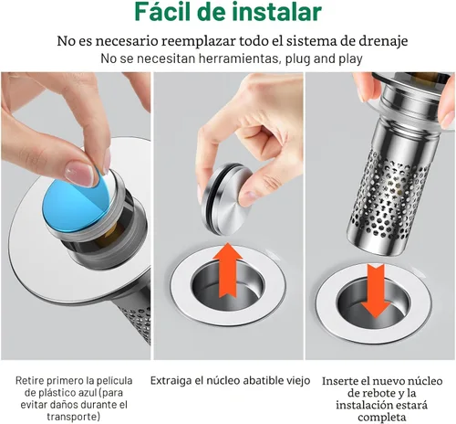 Vista 4 de Colador de Drenaje para Lavabo de Baño, Tapón Emergente Universal para Lavabo Recogedor de Pelo, Cesta de Filtro de Drenaje de Acero Inoxidable