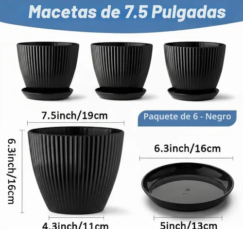 Vista 2 de RooTrimmer Macetas de Plástico Engrosado Negro de 7.5 Pulgadas con Platillos, Paquete de 6 Maceteros Modernos para Plántulas para Plantas