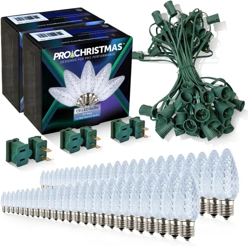 Vista 42 de Pro Christmas - Kit de luces C9 para exteriores, blanco cálido, cable verde, 50 bombillas, 50 pies