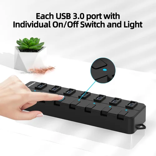Vista 2 de Concentrador USB, concentrador USB 3.0 de 7 puertos, divisor USB VEMONT con interruptores y luces individuales de encendido/apagado, cable largo USB