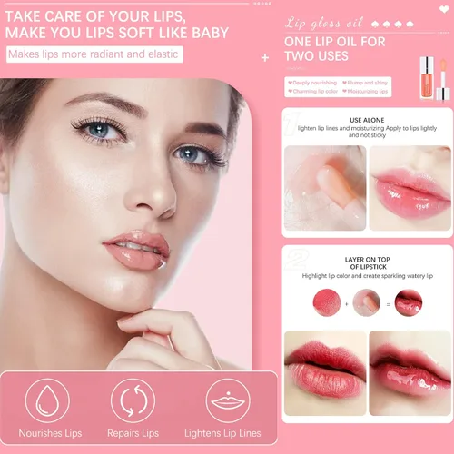 Vista 3 de Aceite de brillo labial, aceite hidratante para labios tintado, bálsamo labial transparente, brillo labial voluminoso, aceite labial transparente
