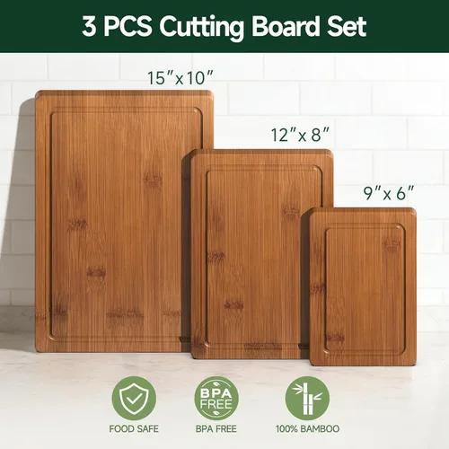 Vista 2 de Juego de 3 tablas de cortar de bambú carbonizado profundo para cocina Carbonized