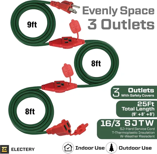 Vista 2 de Cable de extensión para exteriores con múltiples tomas de corriente – 25 pies – 3 enchufes – Cable de extensión de múltiples salidas resistente a