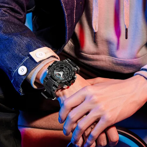 Vista 4 de Reloj para hombre, relojes tácticos para hombre, negro, militar, 5ATM, impermeable, deportivo, reloj digital, diseño genial, hora mundial
