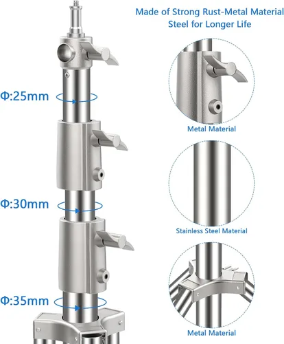Vista 5 de Soporte de luz de acero inoxidable de 9.2 pies/110 pulgadas, trípode de fotografía resistente con adaptador de tornillo de 1/4 a 3/8 pulgadas