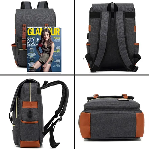 Vista 5 de UGRACE - Mochila vintage para portátil con puerto de carga USB, elegante mochila de viaje resistente al agua, mochilas casuales para hombres y Negro