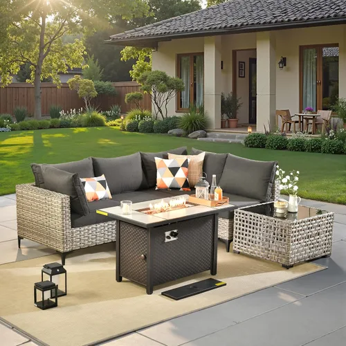 Vista 21 de ovios Muebles de patio de 8 piezas con hoguera, juego de conversación de mimbre de ratán para exteriores con mesa de centro brillante, cómodo sofá
