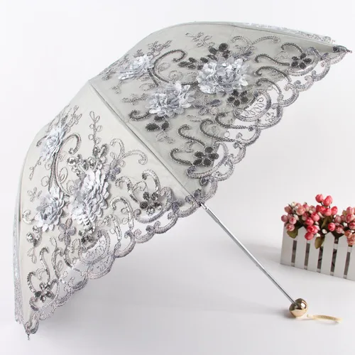 Vista 173 de Honeystore Sombrilla bordada con flor 3D plegable UV con encaje clásico