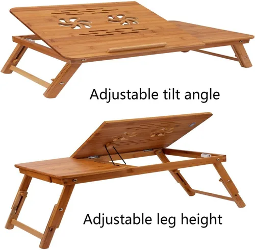 Vista 3 de Bandeja de bambú con patas ajustables Bandeja plegable para servir desayuno Escritorio de regazo con cajón superior inclinable y lateral
